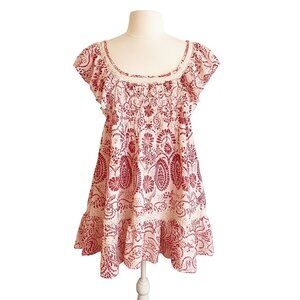 Maeve Flutter-Sleeve Babydoll Mini Dress Size Medium Red White Lace Floral